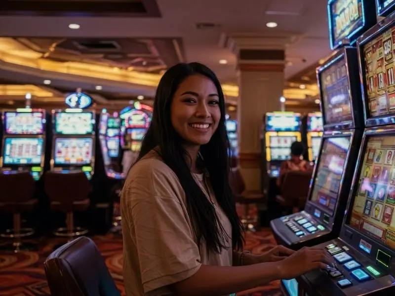 Happy lady pressing a slot machine button at a new online casino