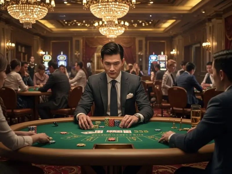 Man intensely focused on his poker hand while playing at a new online casino