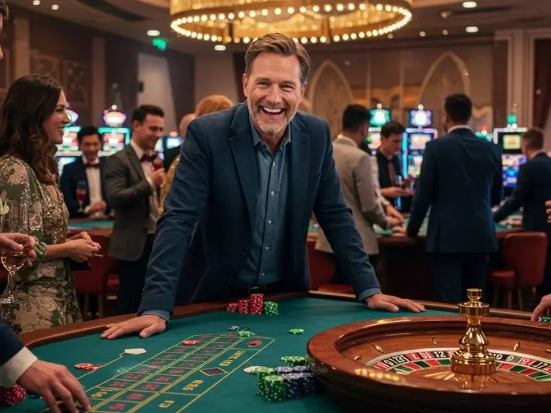 Smiling man enjoying roulette at a new online casino setting