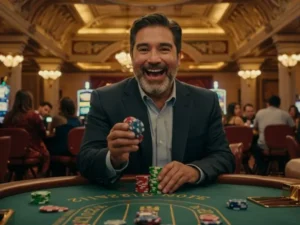Confident man at an online bingo casino preparing to place his bet