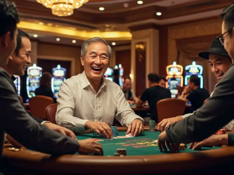 Happy elderly man playing poker with friends at an online bingo casino-themed setting