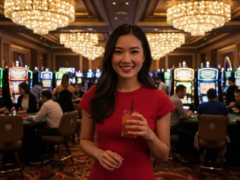 Smiling woman holding drinks and enjoying the lively atmosphere of an online bingo casino setting