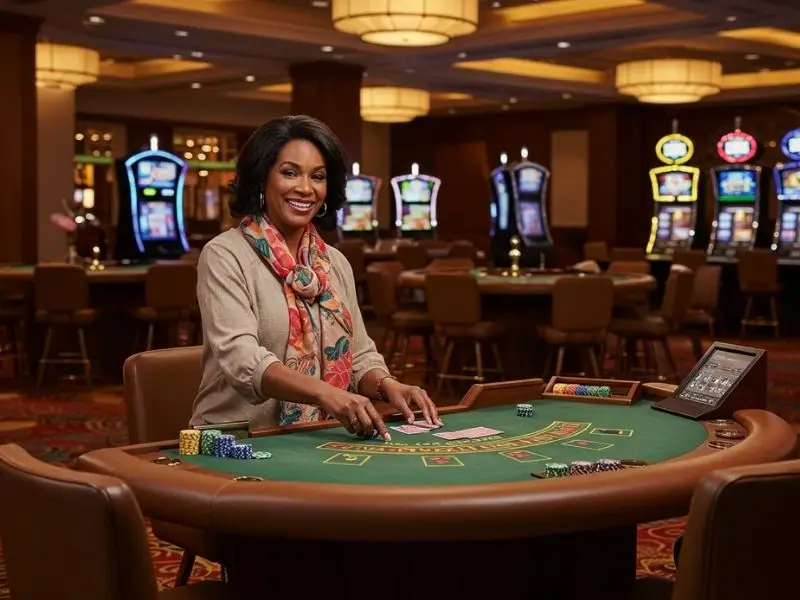 Smiling woman happily playing poker at an online bingo casino
