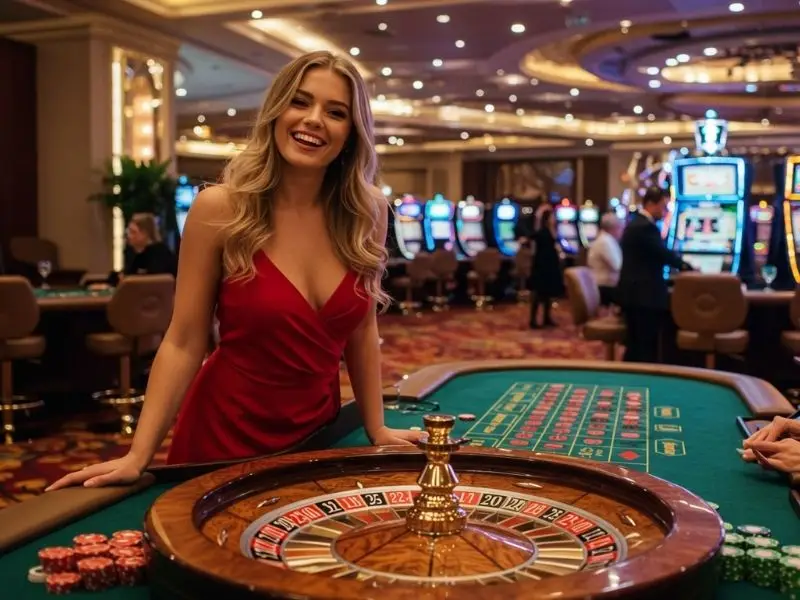 Elegant woman posing confidently at a roulette table in an online casino PH setting