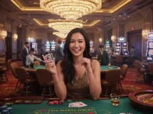 Smiling pretty lady holding poker cards in an online casino ph gaming setup