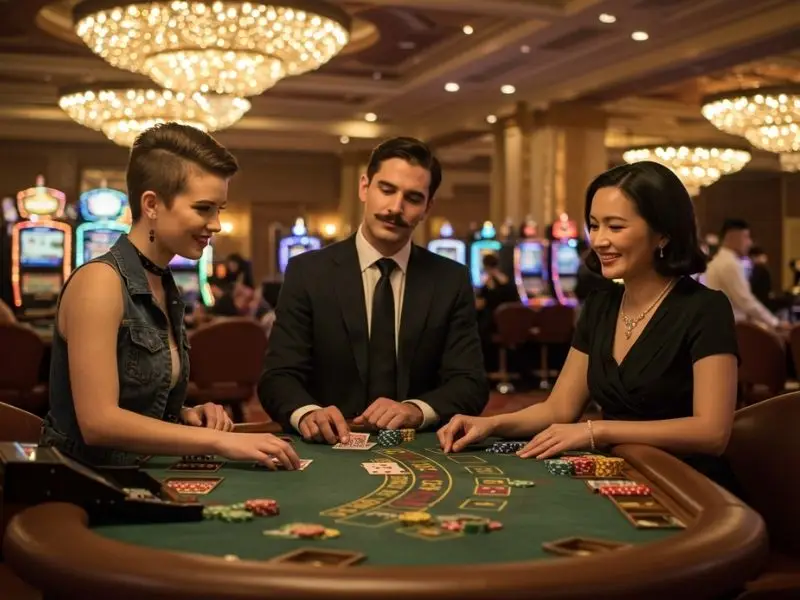 Three friends enjoying a poker game together at an online casino PH-inspired setting