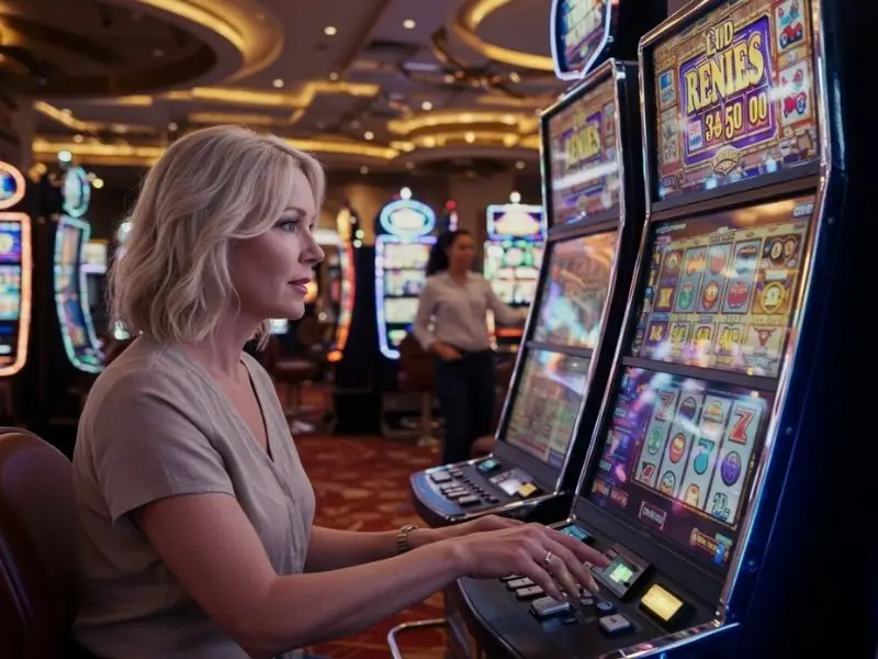 Focused woman playing slot machines in an online casino PH setting