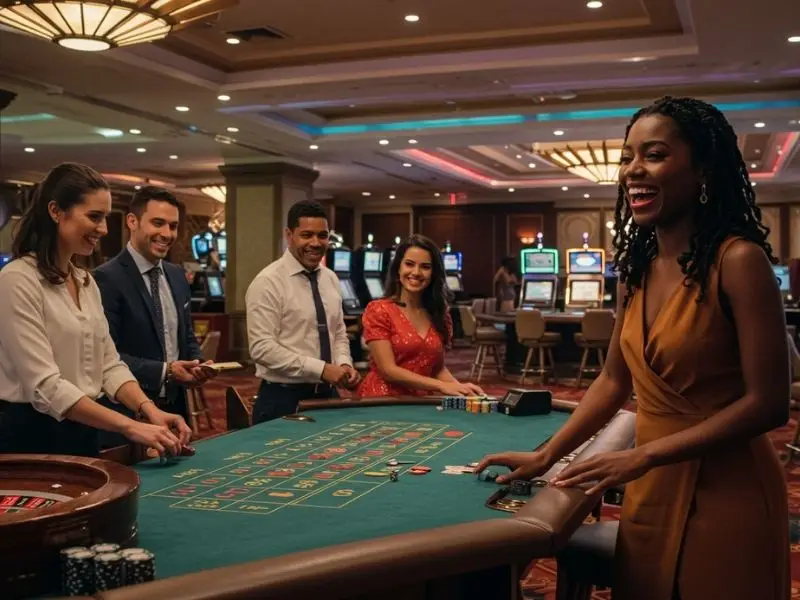 Group of friends having fun playing roulette at Peso 888 Casino