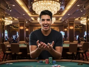 Smiling man holding casino chips at a gaming table in Peso 888 Casino