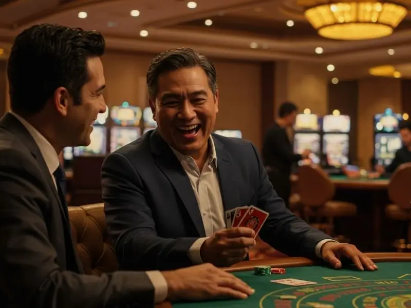 Smiling man holding poker cards while playing at Peso 888 Casino