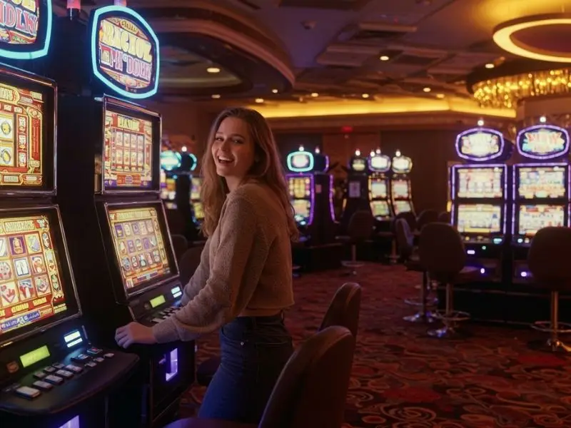 Smiling woman pressing a slot machine button at peso 888 casino