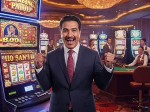 Man cheering in front of a casino slot machine after winning with slot free 100 pesos promo