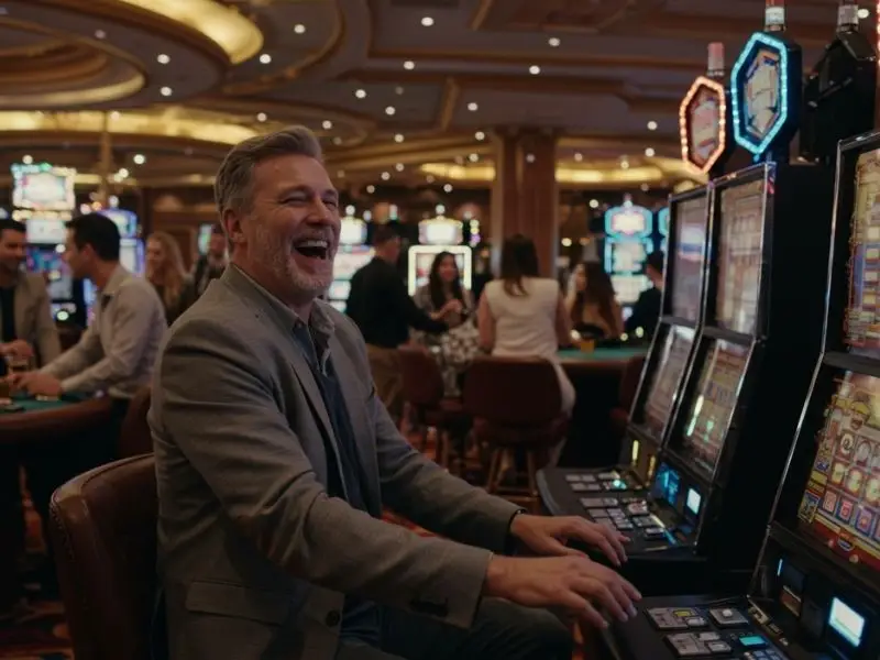 Happy man playing slot machine games after claiming slot free 100 pesos bonus.