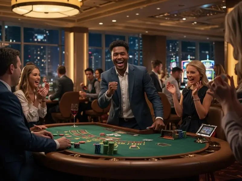 Man enjoying a casino night with friends while playing slot free 100 pesos promo
