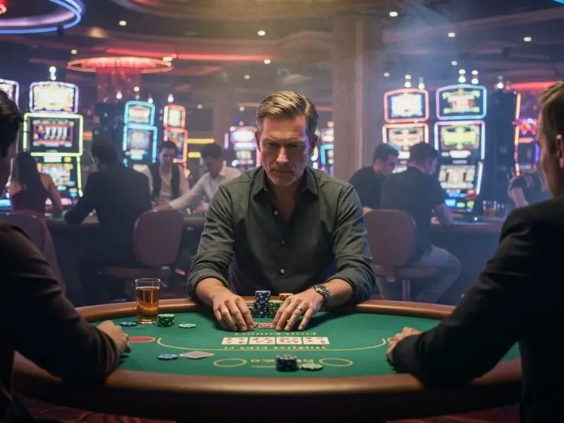 Man in intense focus at a poker table during a slot free 100 pesos casino promotion