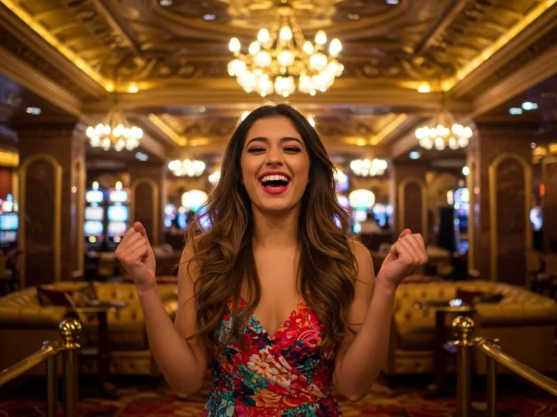 Beautiful woman enjoying arcade games Philippines at an online casino with excitement and fun.
