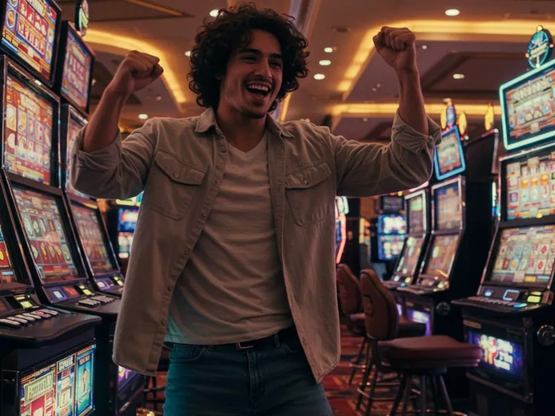 Happy man cheering while playing arcade games Philippines slot machine online