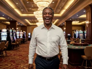 Happy old man enjoying arcade games Philippines in a vibrant online casino background