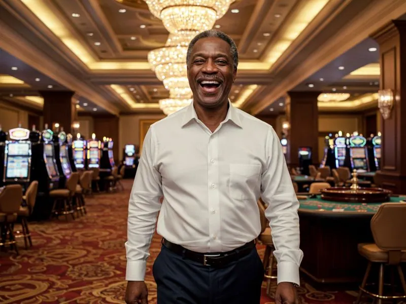 Happy old man enjoying arcade games Philippines in a vibrant online casino background