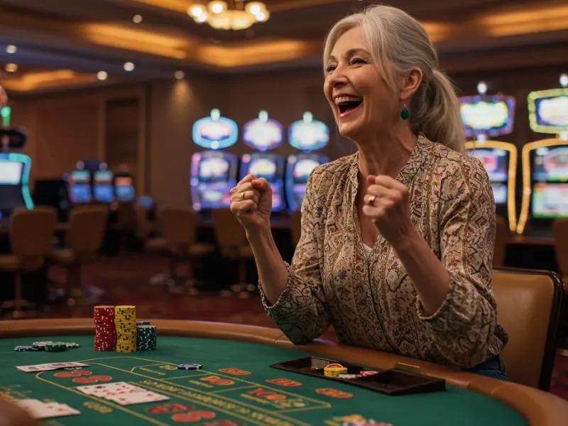 Happy white-haired woman enjoying arcade games Philippines while playing poker online