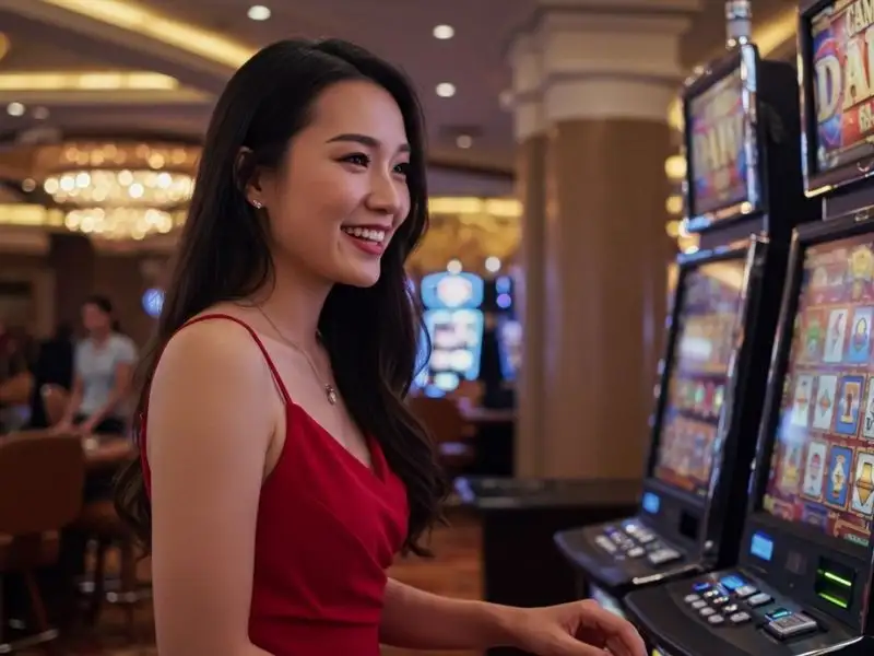 Happy stylish young woman playing slot machines with casino Filipino coin in hand