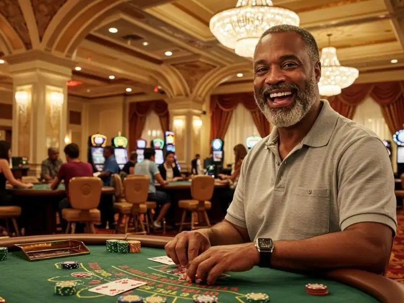 Elderly man holding poker cards and smiling while playing at Maharlika Play online casino