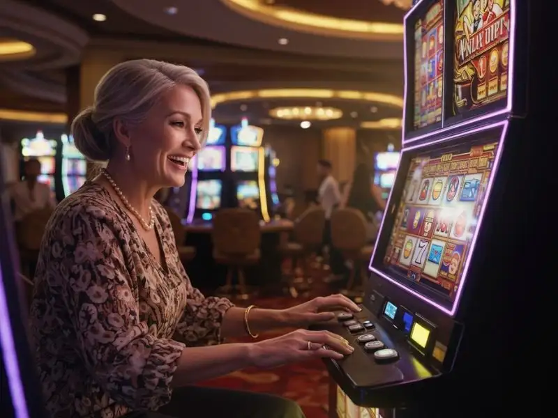 Excited old woman playing slot games on Maharlika Play online casino