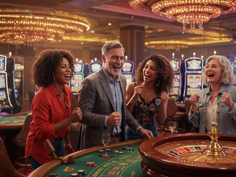Group of friends laughing and enjoying poker at Maharlika Play Online Casino
