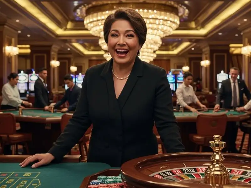 Woman smiling happily while playing at a roulette wheel in Maharlika Play online casino