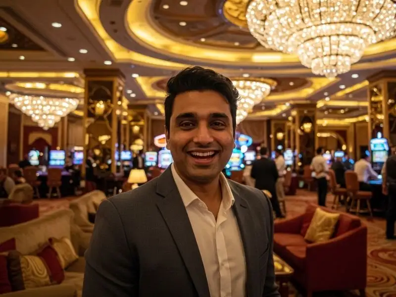 Man grinning happily while playing sugar bang bang slot demo under colorful casino lights