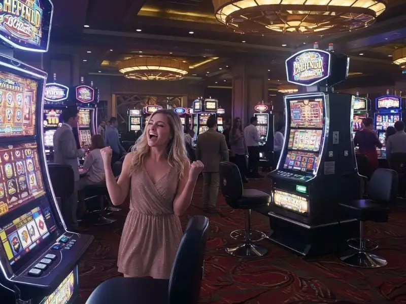 Smiling woman celebrating a big win on the sugar bang bang slot demo game