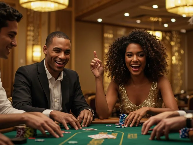 Friends laughing and enjoying poker at a lively casino with 100 free bonus casino no deposit Philippines offer