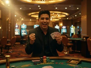 Man cheering while holding casino chips, celebrating a win in 100 free bonus casino no deposit Philippines