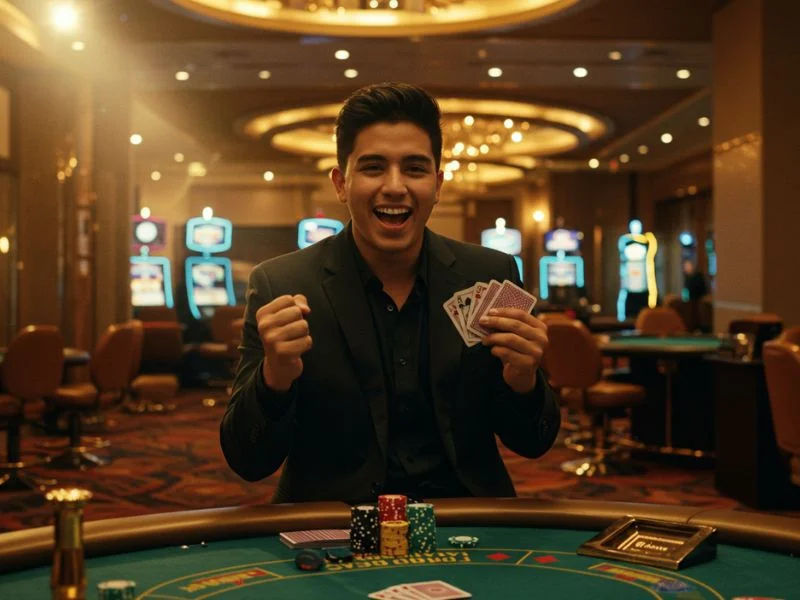 Man cheering while holding casino chips, celebrating a win in 100 free bonus casino no deposit Philippines