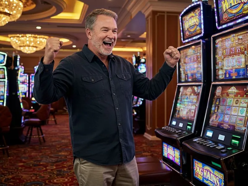Man cheering after winning a slot jackpot in a 100 free bonus casino no deposit Philippines offer