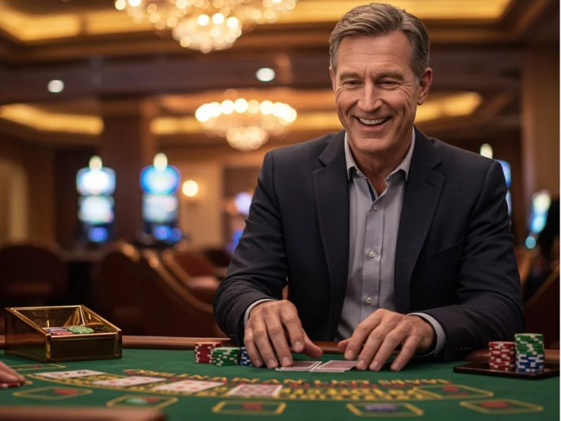 Joyful man playing poker at 55 BMW Online Casino