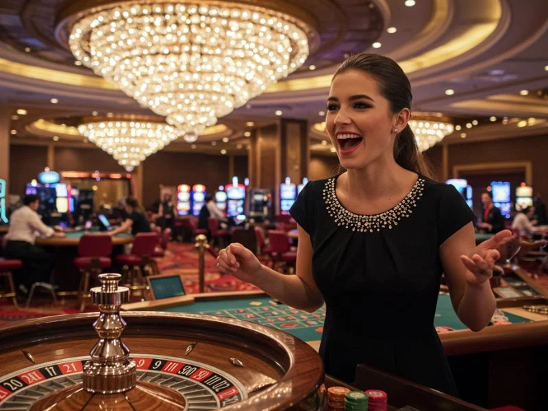 Smiling woman enjoying the roulette wheel at 55 BMW Online Casino