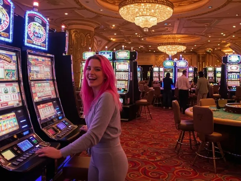 Happy lady playing a slot machine after using 55bmw casino login register Philippines