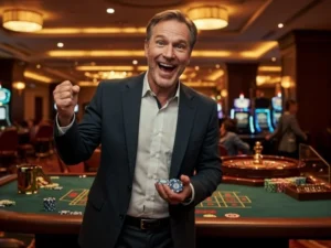 Happy man holding casino chips after successful 55bmw casino login register Philippines