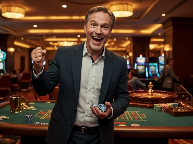 Happy man holding casino chips after successful 55bmw casino login register Philippines
