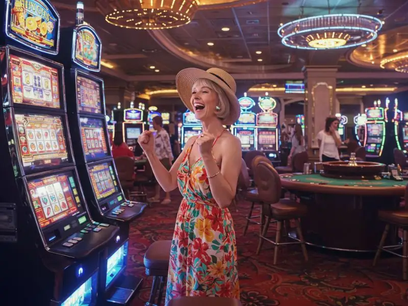 Happy woman gleefully cheering while playing slots at Apex Casino online.