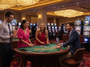 Happy friends enjoying card games together at apex online casino.