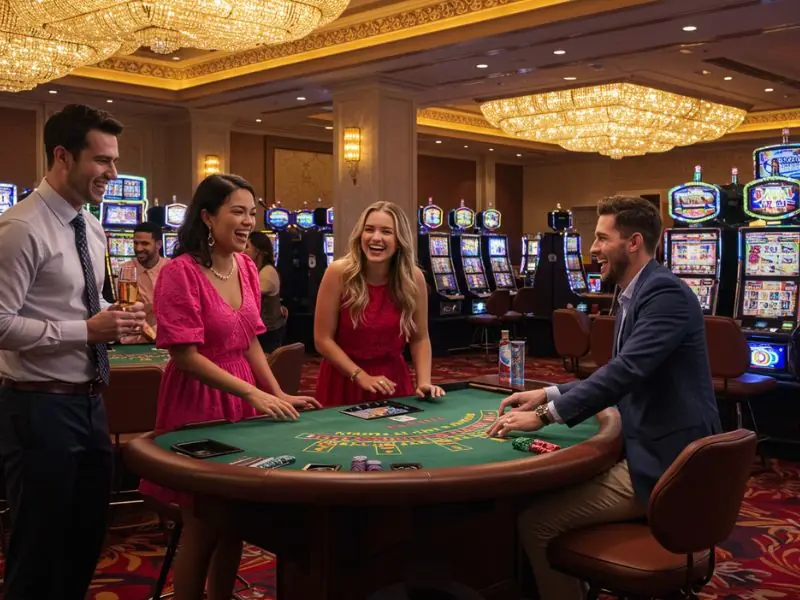 Happy friends enjoying card games together at apex online casino.