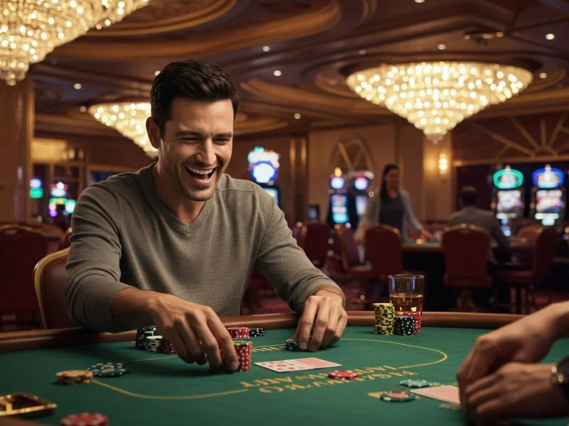 Happy man playing at apex online casino with excitement