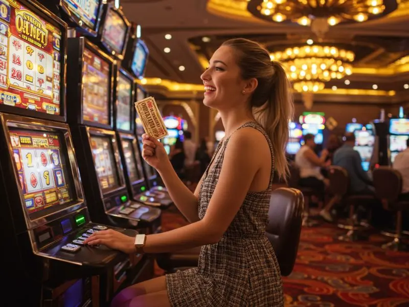 Happy pretty woman holding her winning ticket at apex online casino.