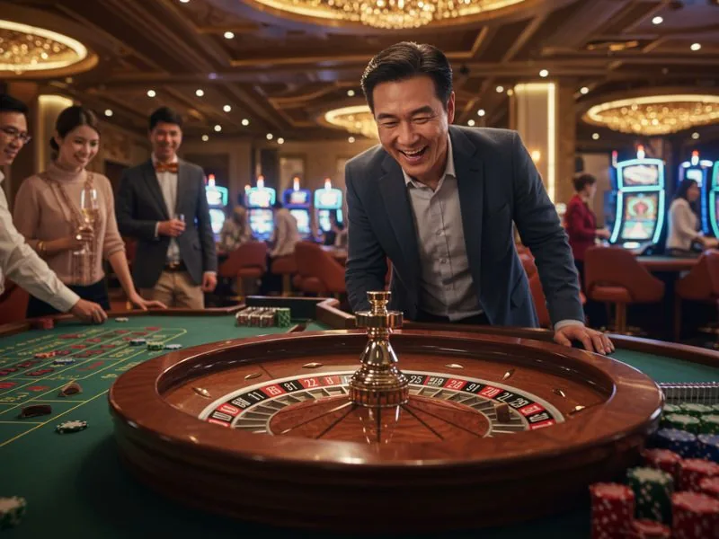 Man gleefully playing roulette at apex online casino platform.