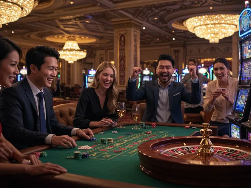 Group of friends happily cheering while using bettors 888 live dashboard in an online casino setting.