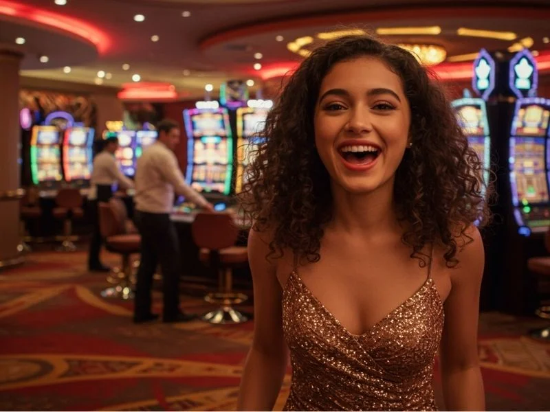 Excited player holding winnings while learning about casino chips value Philippines in a lively casino setting