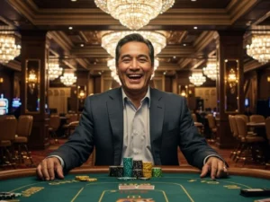 Man celebrating a poker win surrounded by casino chips, illustrating casino chips value Philippines