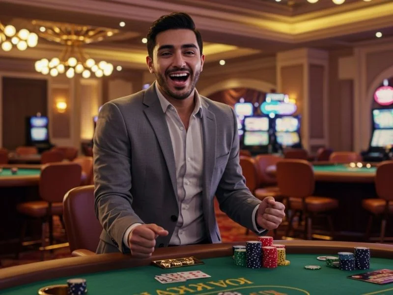 Smiling person celebrating a big win with casino chips showing casino chips value Philippines